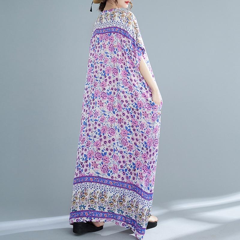 Women Loose Kaftan Swimsuit Cover Up Short Sleeve V-Neck Floral Beach Maxi Dress