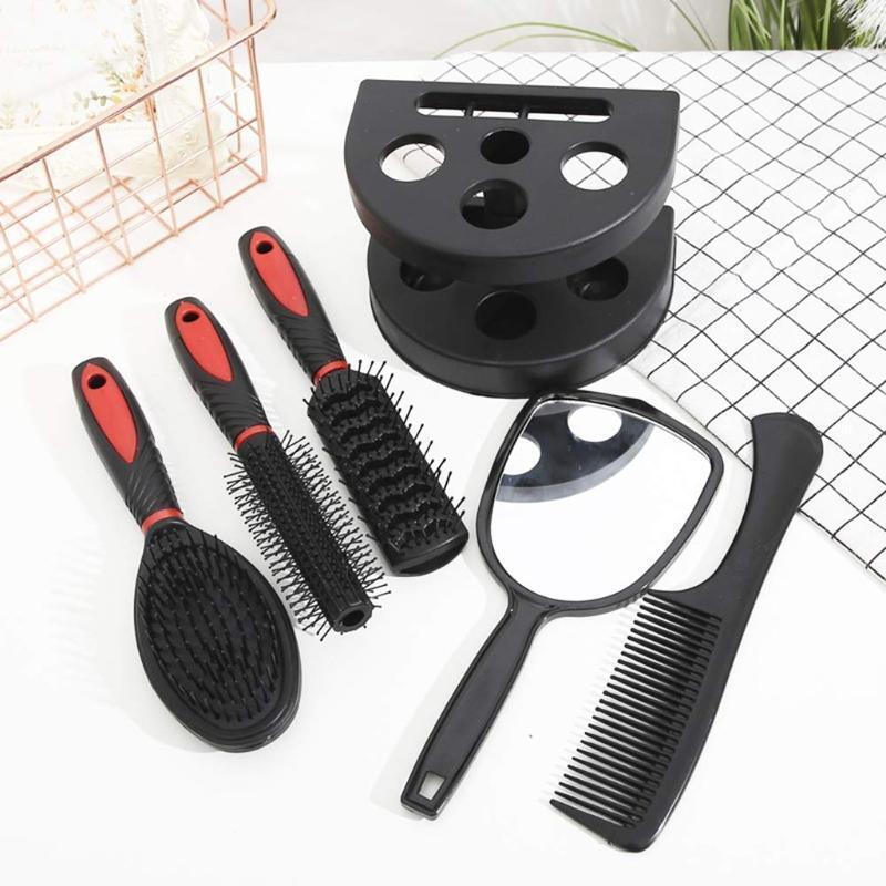 5Pcs Hair Brush Combs Set Salon Hairdressing Styling Tool Mirror Holder Stand