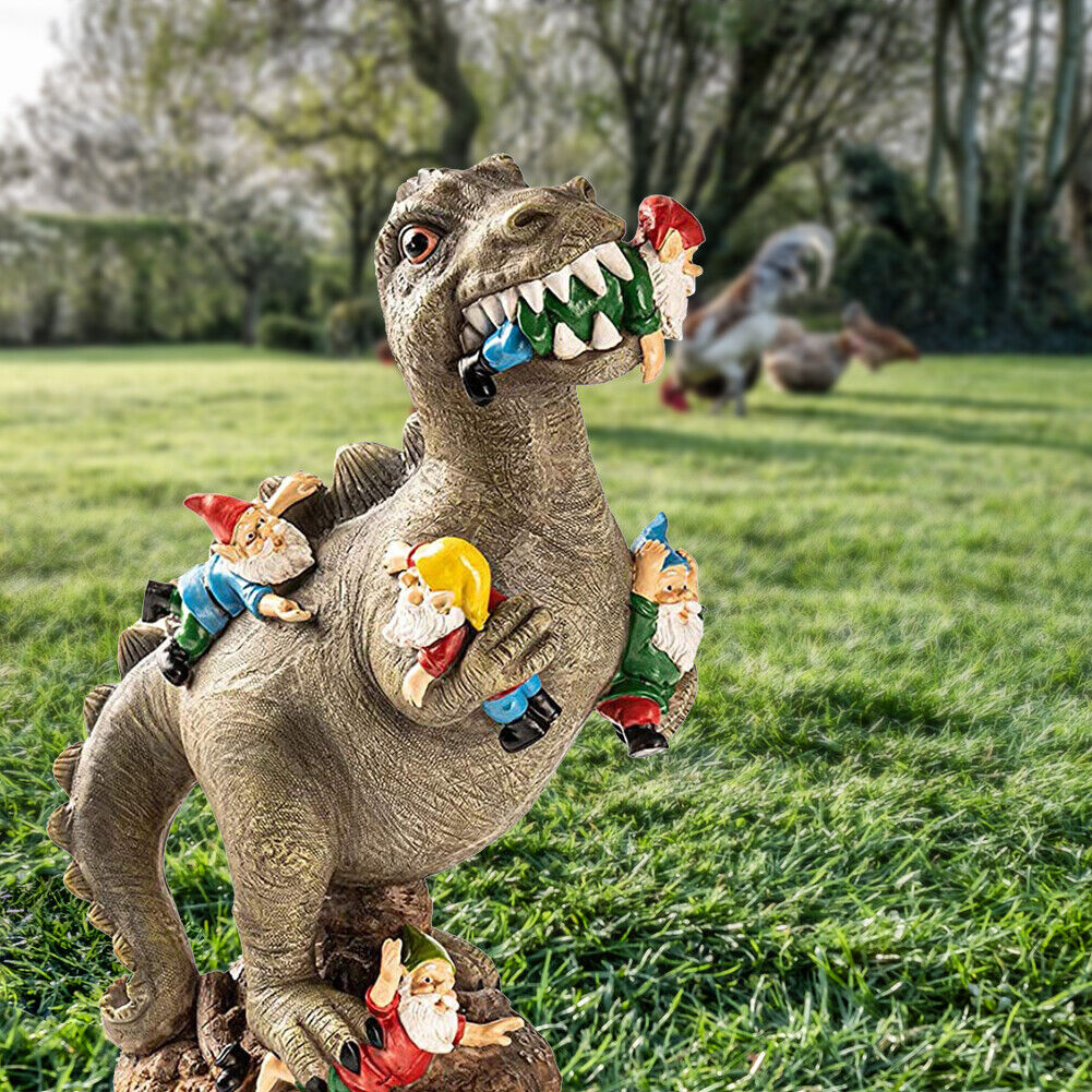 Dinosaur Eating Gnomes Garden Statue Outdoor Art Sculpture for Patio (S)
