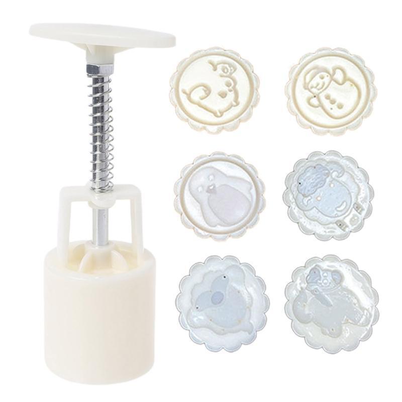 Mid Autumn Festival Moon Cake Mold w/ Cartoon Animal Stamps 50g Home Baking Tool