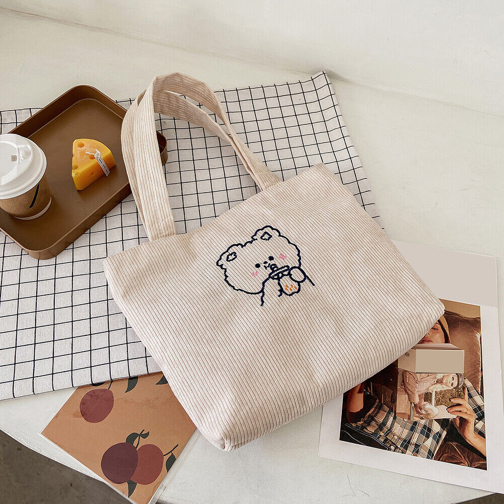 Women Corduroy Shoulder Bag Cartoon Bear Shopping Handbags Totes (White)