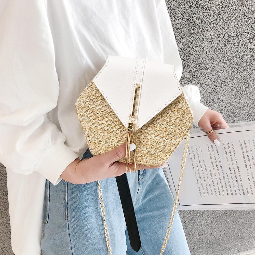 Hex-shape Straw+PU Shoulder Handbags Beach Women Top-handle Bags (White)