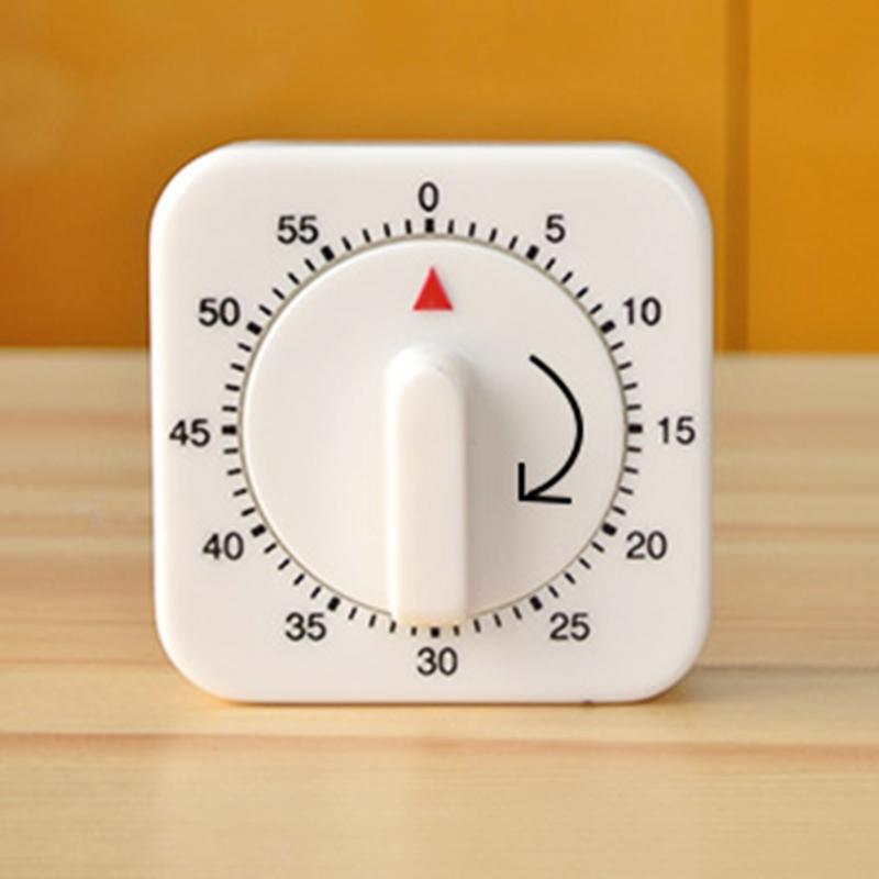 Square Timer Mechanical White with Black Markings 60 Minutes No Battery Required