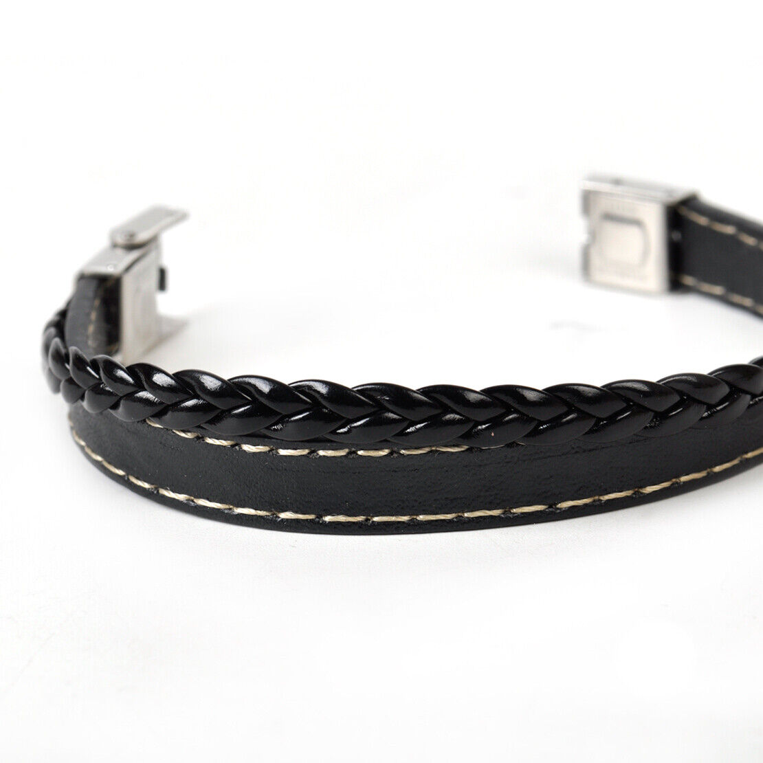Men's Black Leather Wristband Braided Bracelet Stainless Steel Clasp Bangle Li