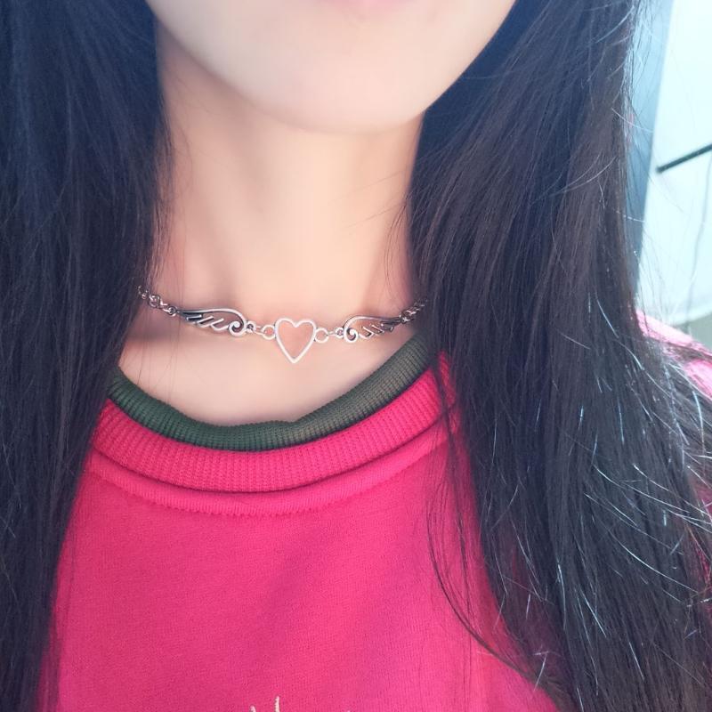 Punk Heart Feather Metal Choker Necklace Women Harajuku Angel Feather Pendant