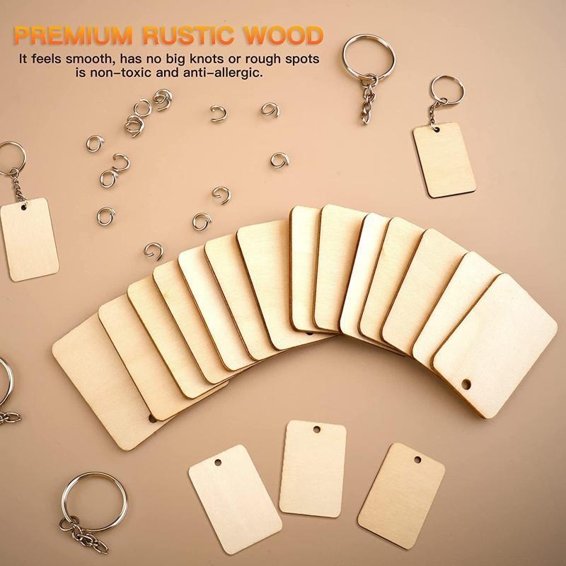 Blank Rectangle Shaped Wooden Keychain Set of 120 Unfinished Wood Chip Key Rings