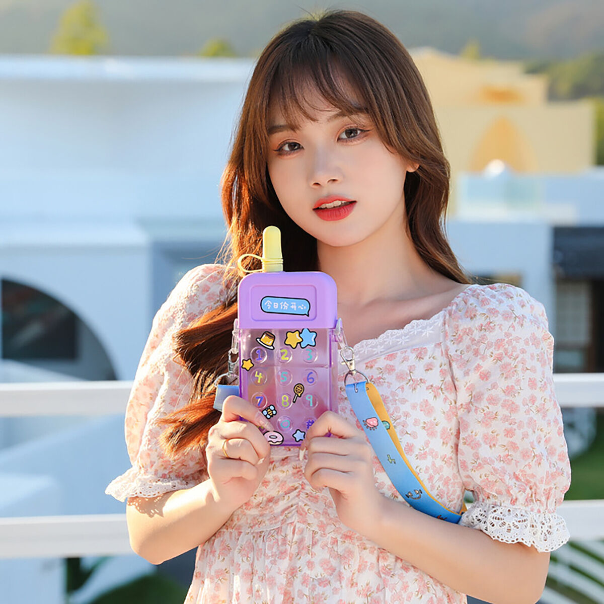 Phone Shaped Water Bottle with Straw & Adjustable Shoulder Straps (Purple)