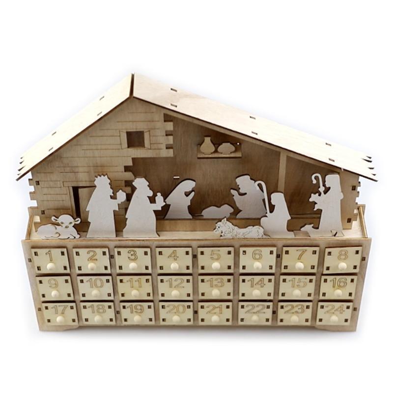 Christmas Advent Calendar Wooden Jesus Decoration LED Battery Operated Holiday