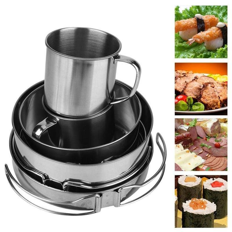 8 Pcs Stainless Steel Cookware Mess Kit Portable Compact Camping Pot Pans Cups
