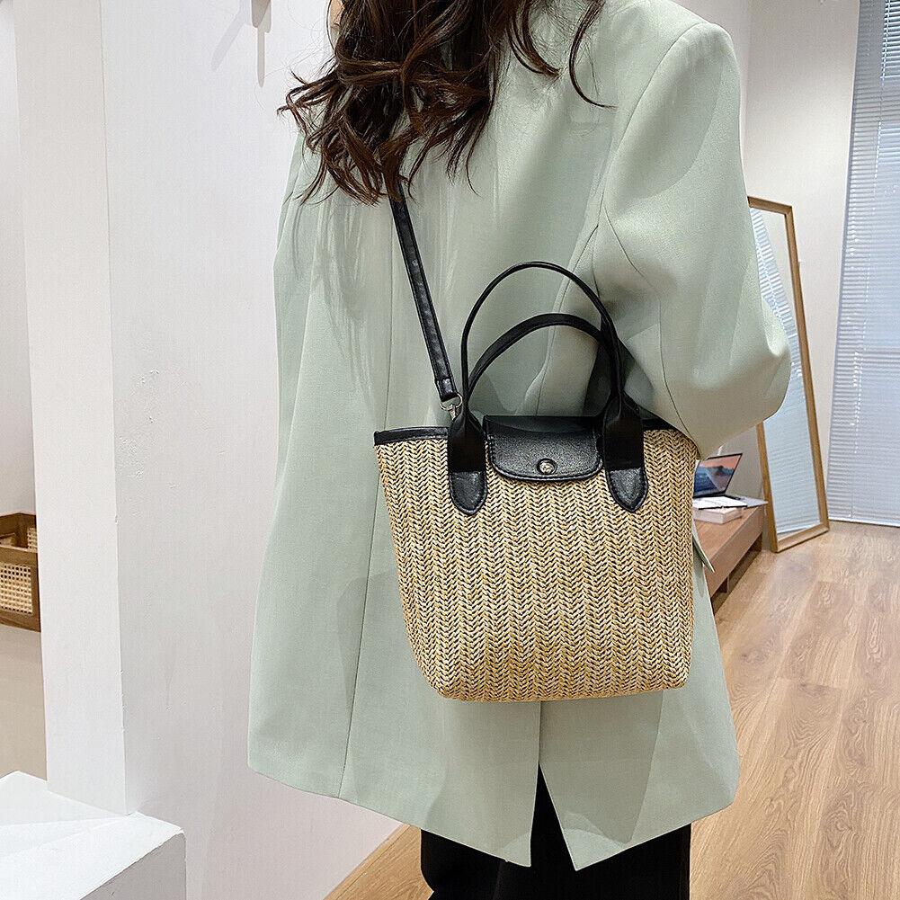 Straw Beach Bag Woven Shoulder Messenger Bag Women Handbag Totes (Black)