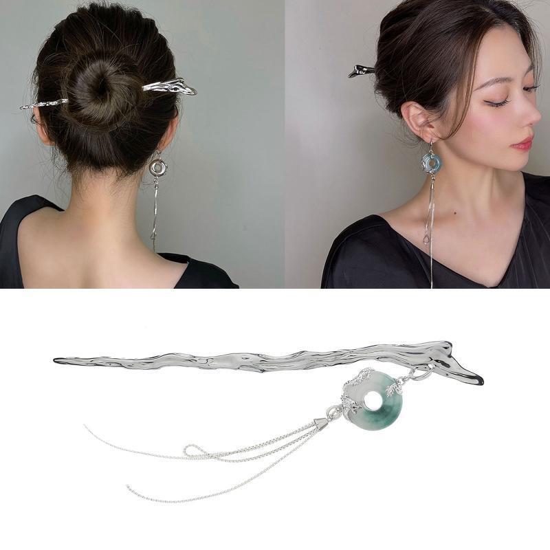 Tassel Hairpins For Updos Chinese Hair Sticks With Chain Jade ring Headwear