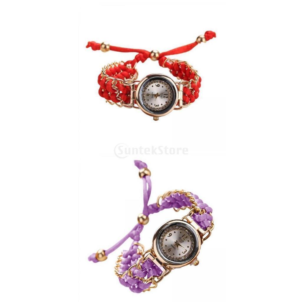 2Pcs Diamond Lady Quartz Watch Women Braided Rope Band Wrist Watch Gifts
