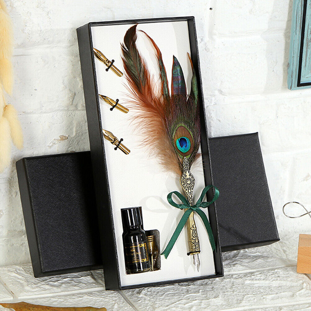 Feather Writing Quill Pen Ink Bottle Set Collection Calligraphy Stationery