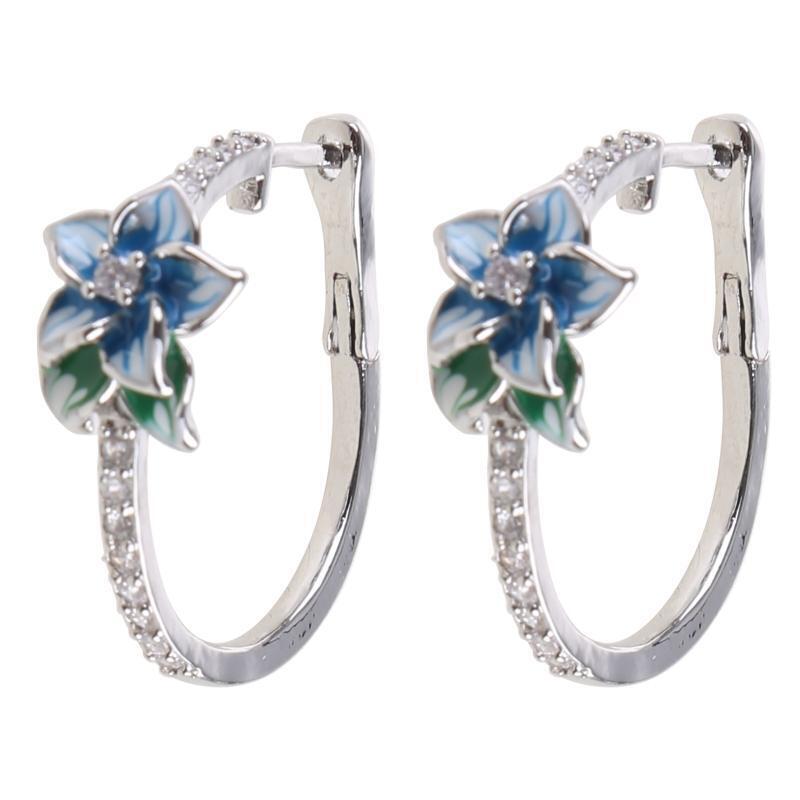 Enamel Floral Zircon  Blue Blooming Flower Hoop Earrings Women Fashion Jewerly
