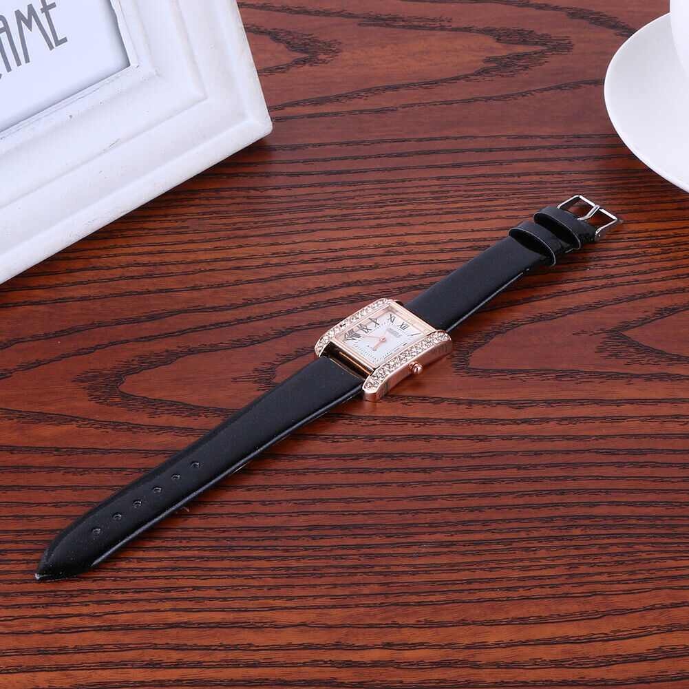 Hot New PU Leather Band Ladies Watch Alloy Square Diamante Face Black