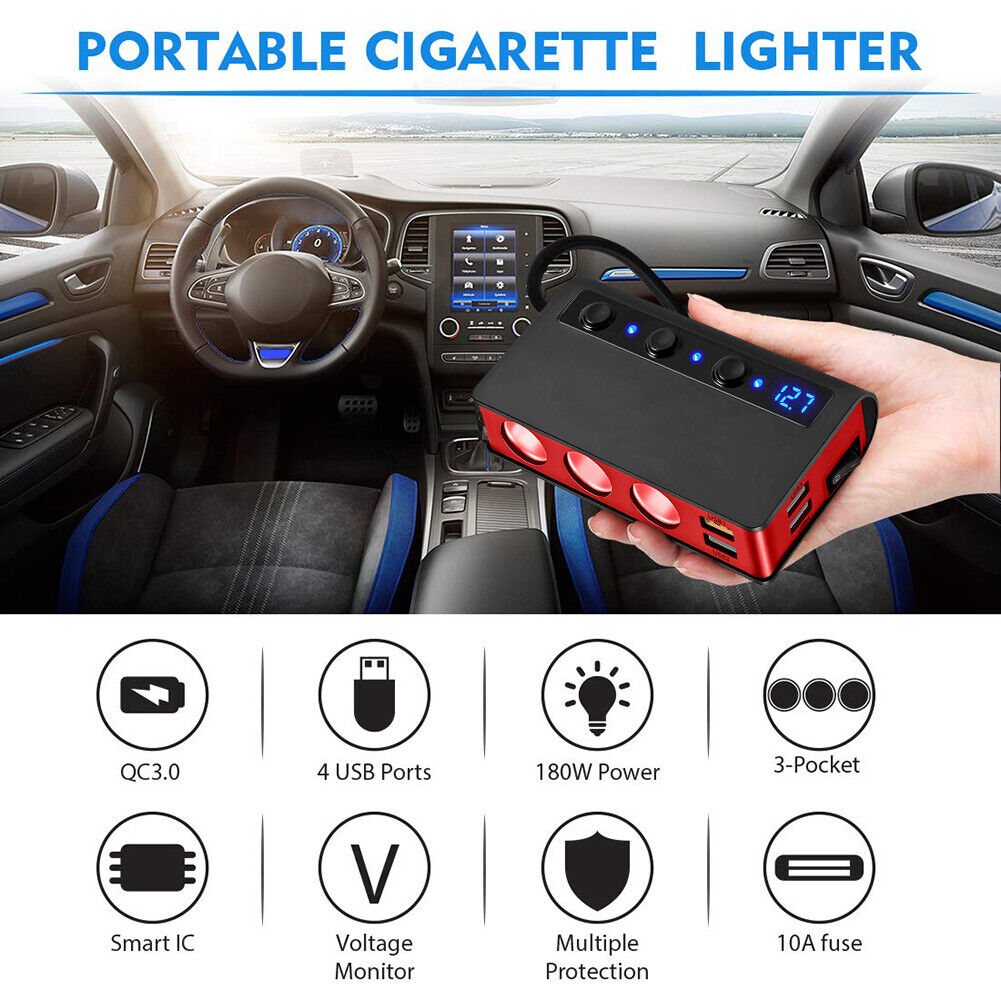 QC3.0 Cigarette Lighter 3 Socket 180W Power Adapter USB Car Charger (Red)