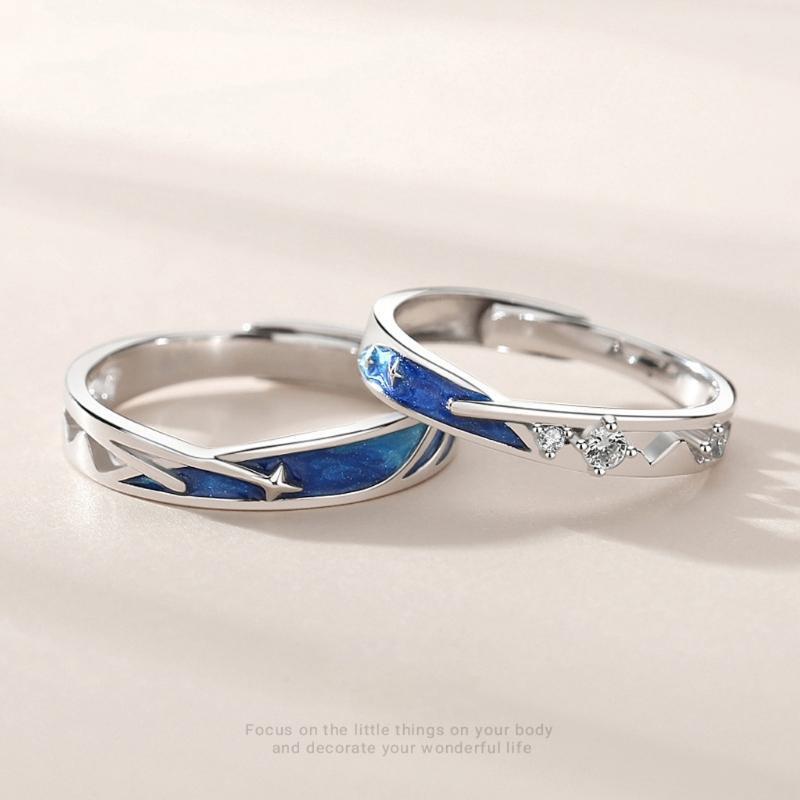 2Pcs Sea Blue Meteoric Star Lover Couple Rings Band Matching Set for Him and Her