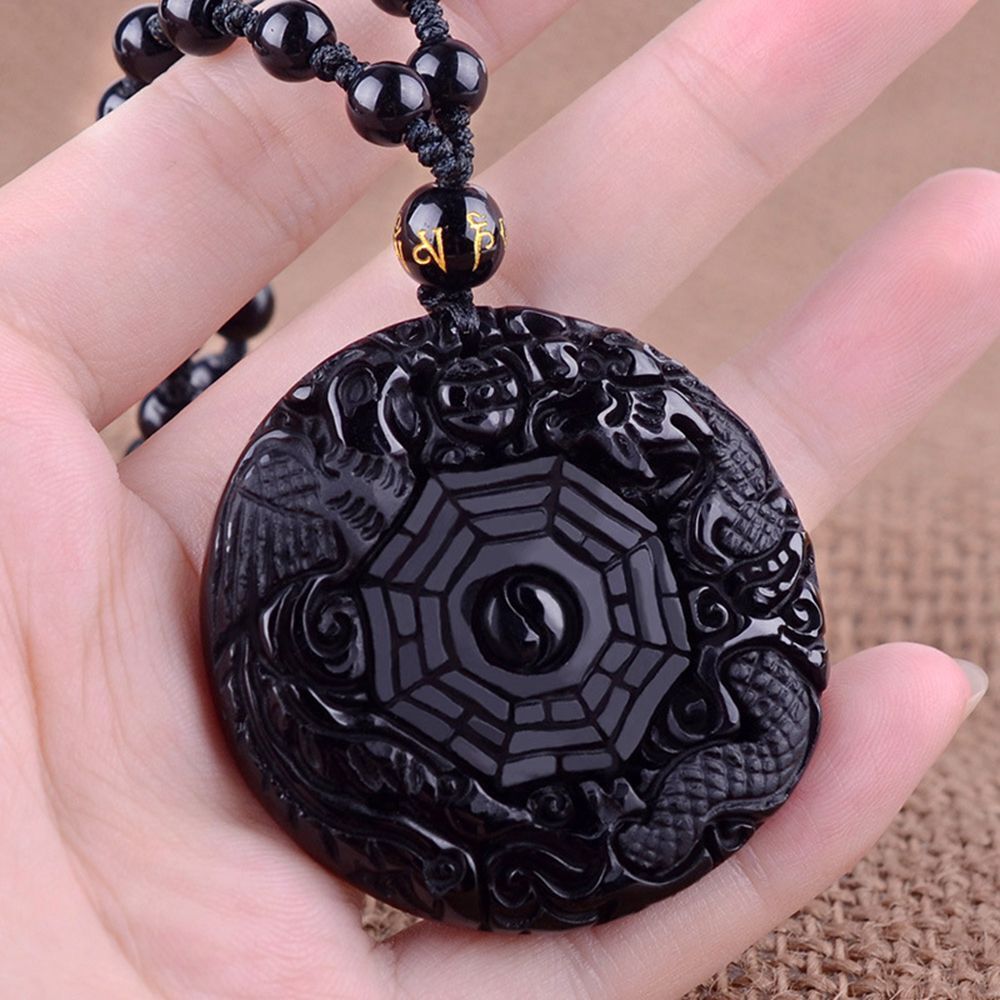 Black Mens Women Dragon Phoenix Carved BaGua Obsidian Necklace Lucky Pendant