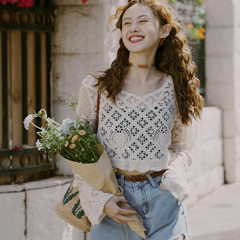 Women Hollow Crochet Cover Up Shirt Knit Plaid Floral Beach Loose Sheer Crop Top