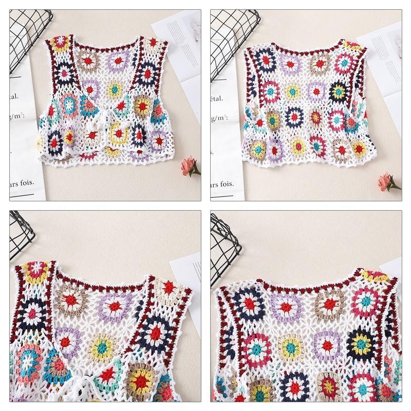 Women Boho Crochet Crop Vest Multicolor Plaid Sleeveless Lace-Up Short Cardigan