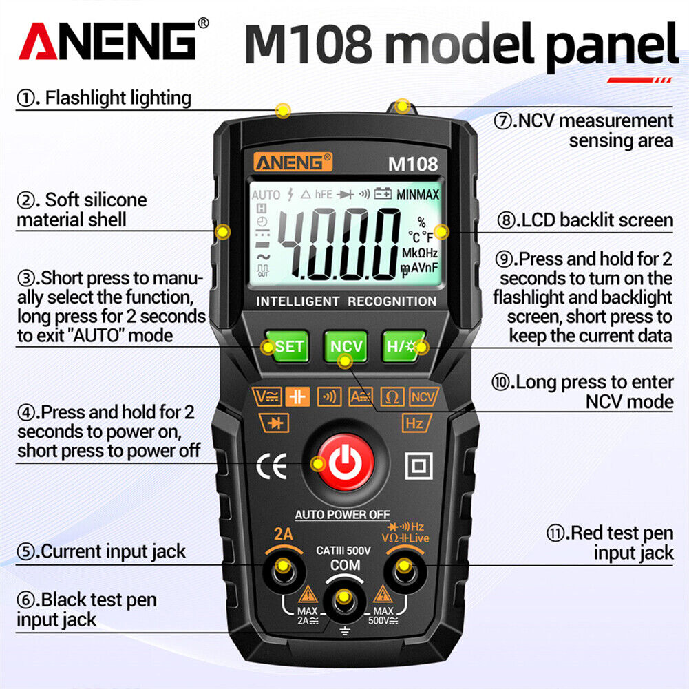 ANENG M108 4000 Counts Smart Digital Multimeter NCV DC AC Tester (Black)