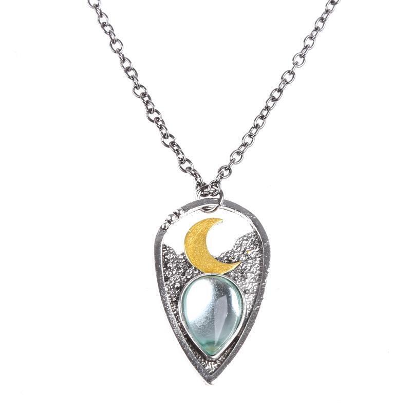Boho Moon Stone Pendant Necklace Teardrop Clavicle Chain Hollow-out Neck Jewelry