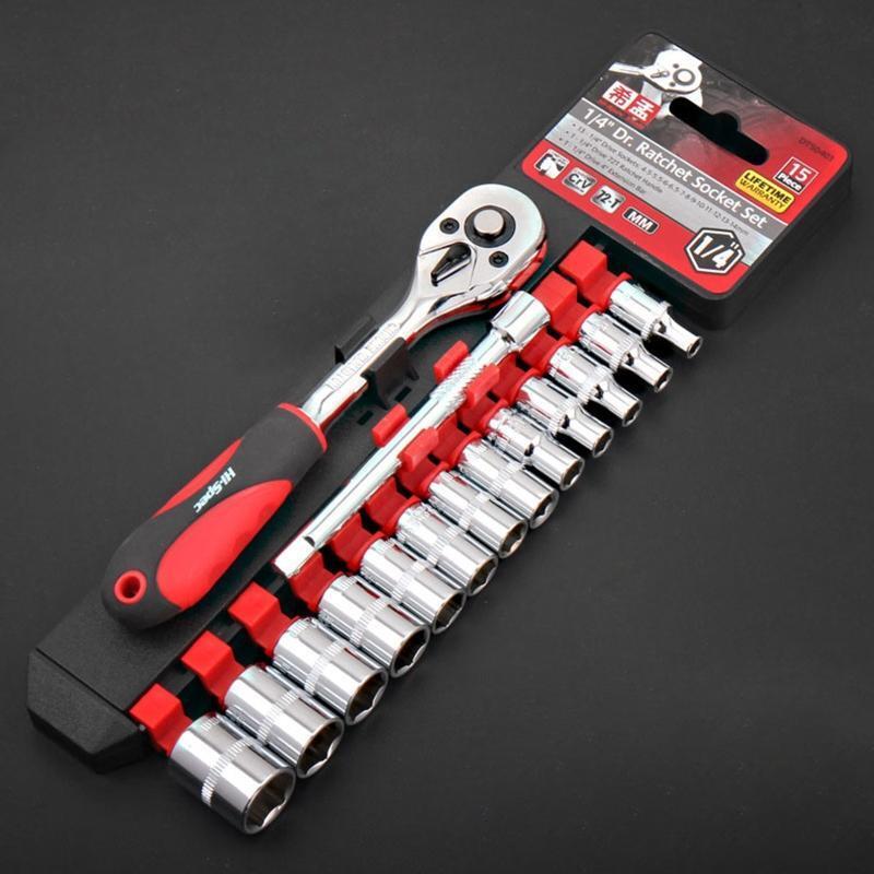 Socket Set 1/4 15pcs Chrome Vanadium Steel Metric Wrench Kit 72 Tooth Ratchet