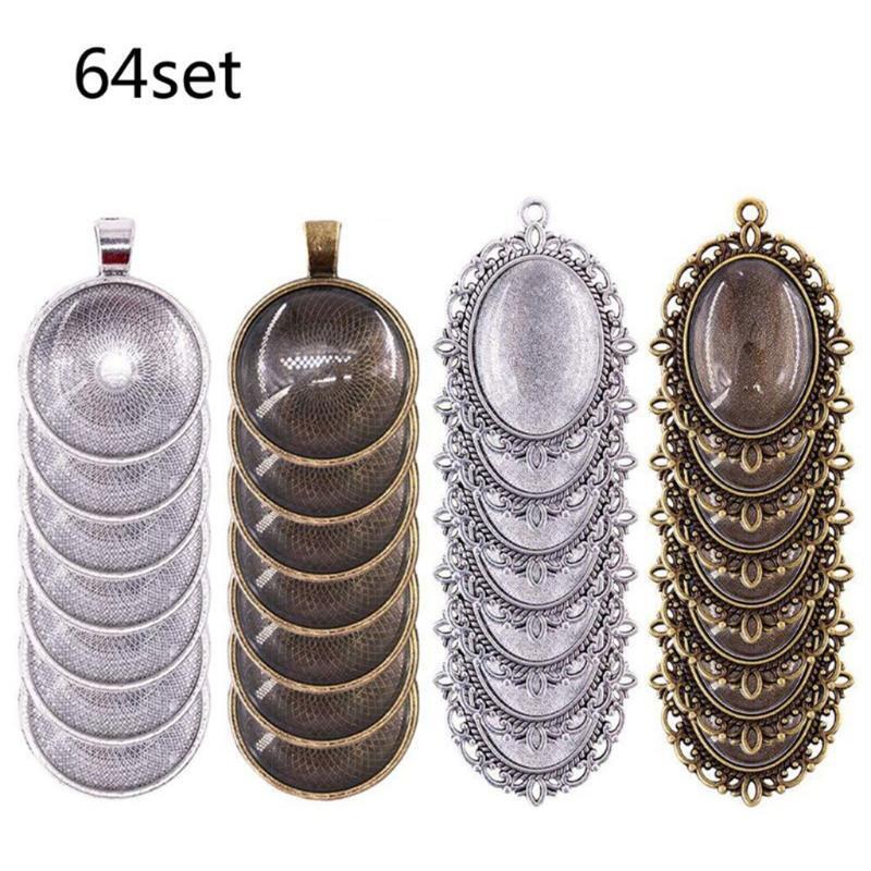 64Pc Oval Round Pendant Tray Bezel with Glass Cabochon Dome Tiles Jewelry Making