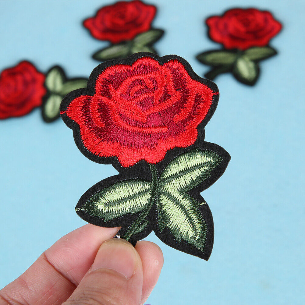 5pcs Red Rose Flower Embroidery Cloth DIY Sewing Iron on Patch(7X5cm)
