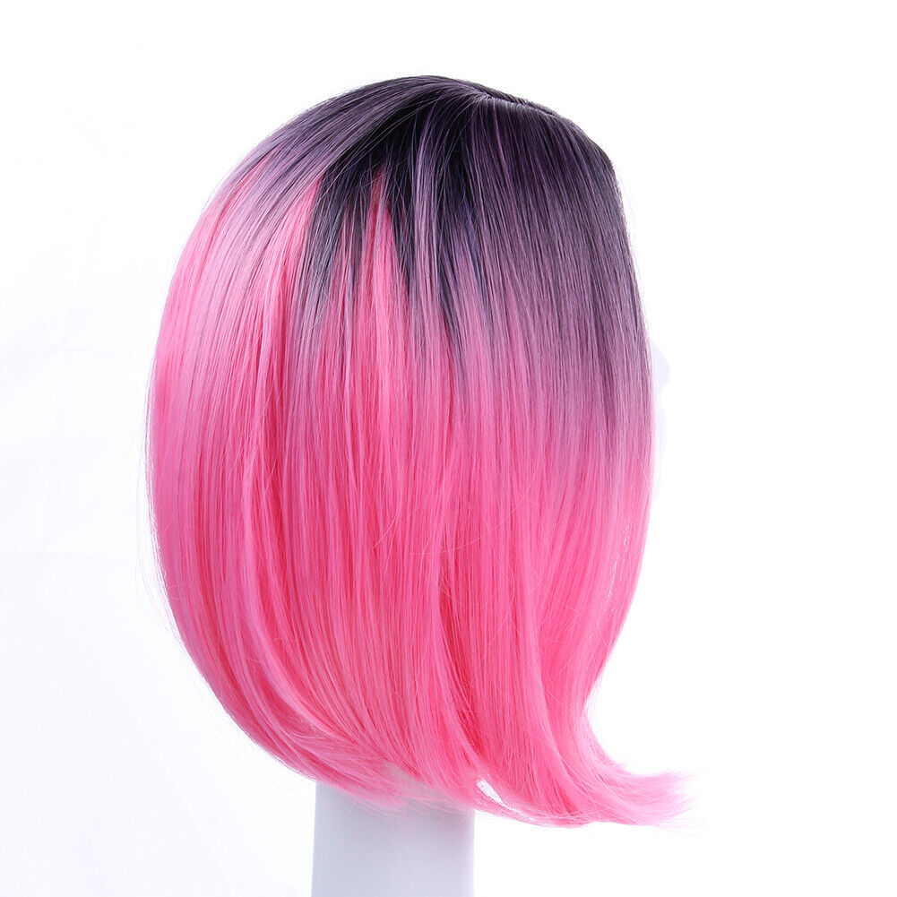 Women Medium-Long Straight Wigs Gradient Pink Heat Resistant Synthetic Hair