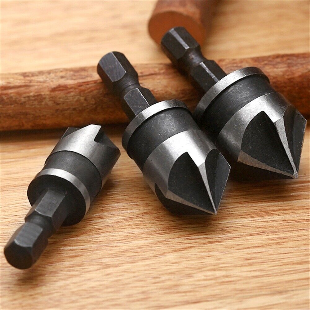 3Pcs Hex Shank 90° Degree 5 Flute Countersink End Chamfer Wood Drill Bit Set