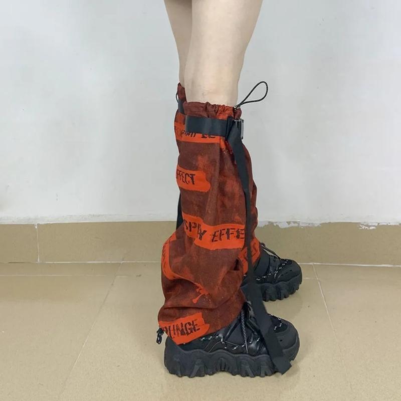 Women Punk Red Letters Leg Warmers with Buckle Belt Gothic Loose Foot Cover Sock