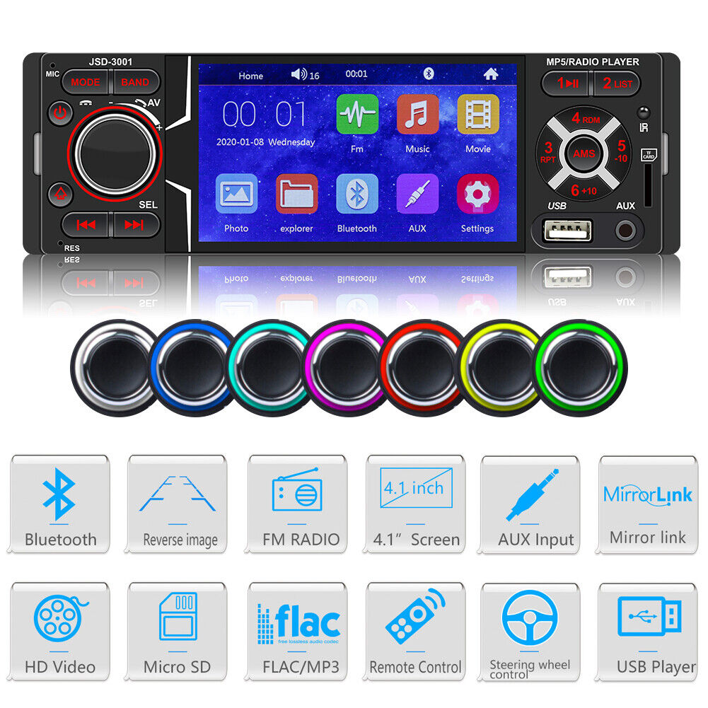JSD-3001 Single DIN Car Stereo 4.1 inch Touch Screen FM Radio + AUX Cable