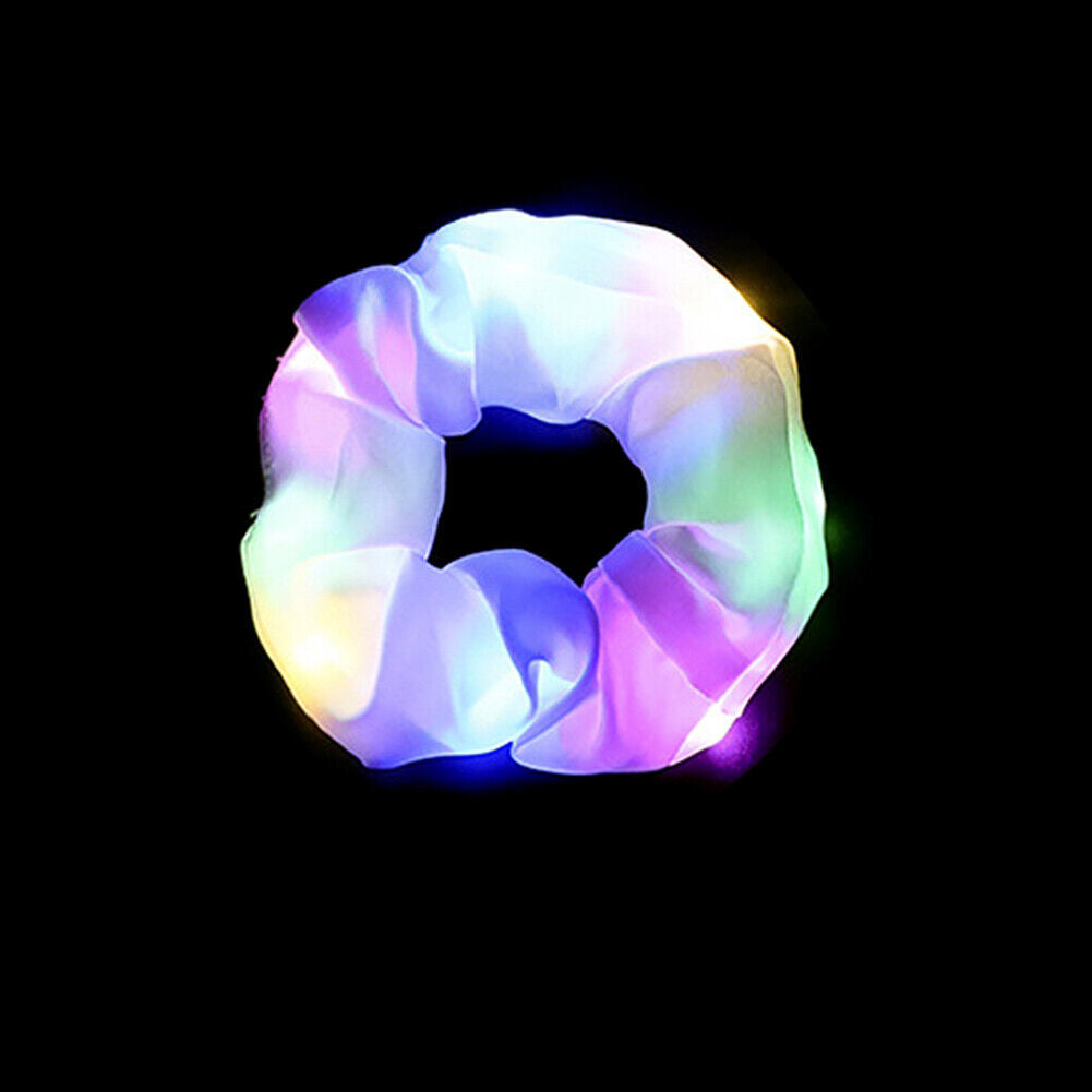 LED Light Up Scrunchies Women Hair Rope Night Club Ponytail Holder (White)