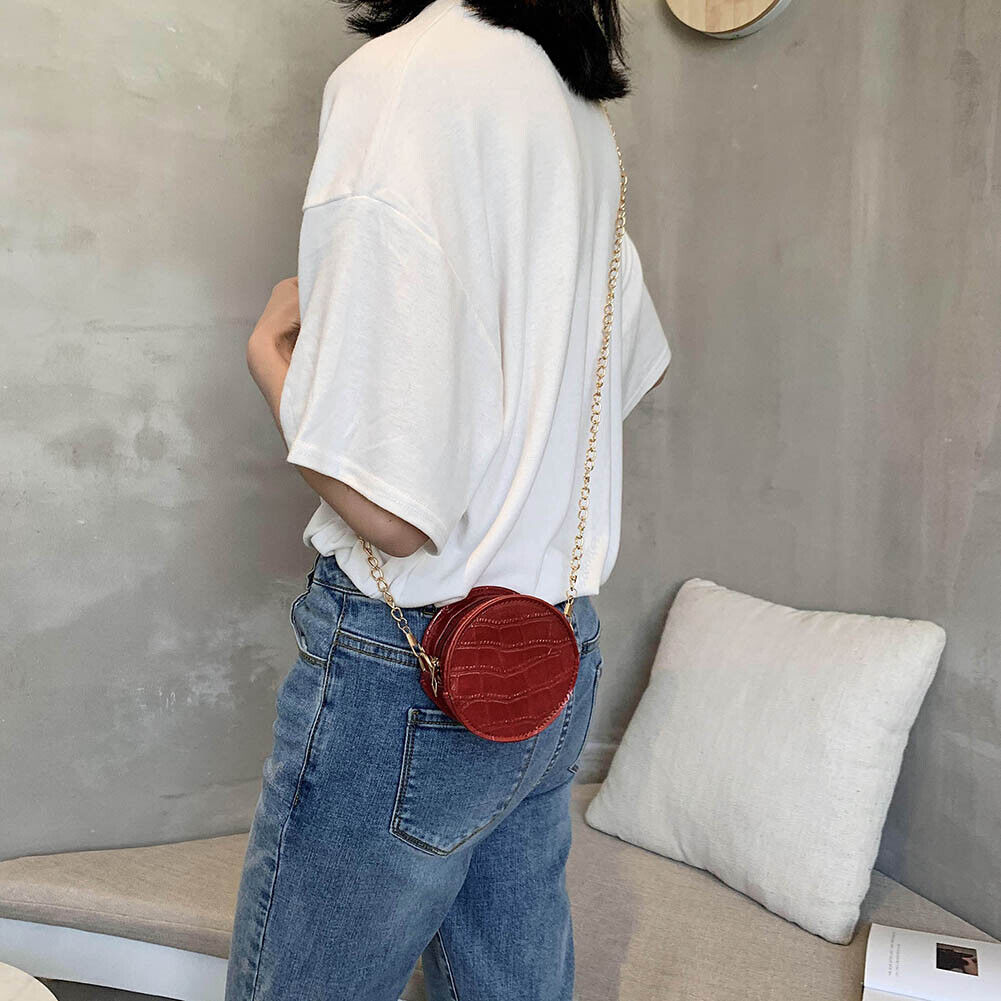 Women Mini Round Shoulder Bag PU Chain Messenger Solid Color Purse (Red)