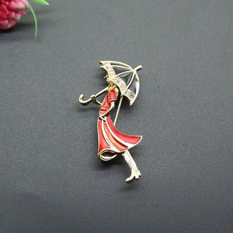 Cartoon Pins Brooch Umbrella Girl Badge Enamel Rhinestones Lapel Cute Dresses