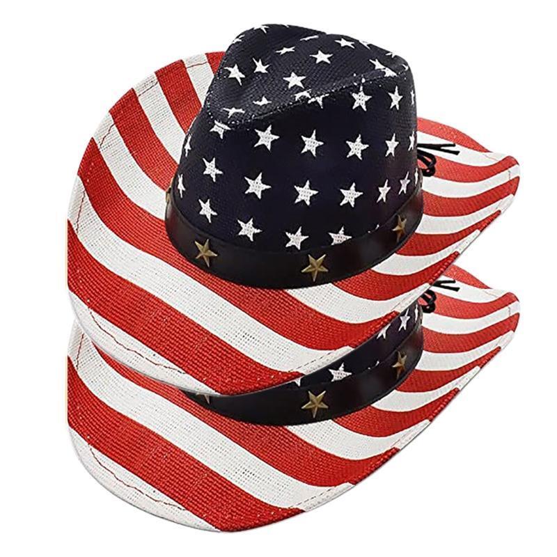 American Flag Western Cowgirl Hat with Windproof Rope Cowboy Hat for Parties