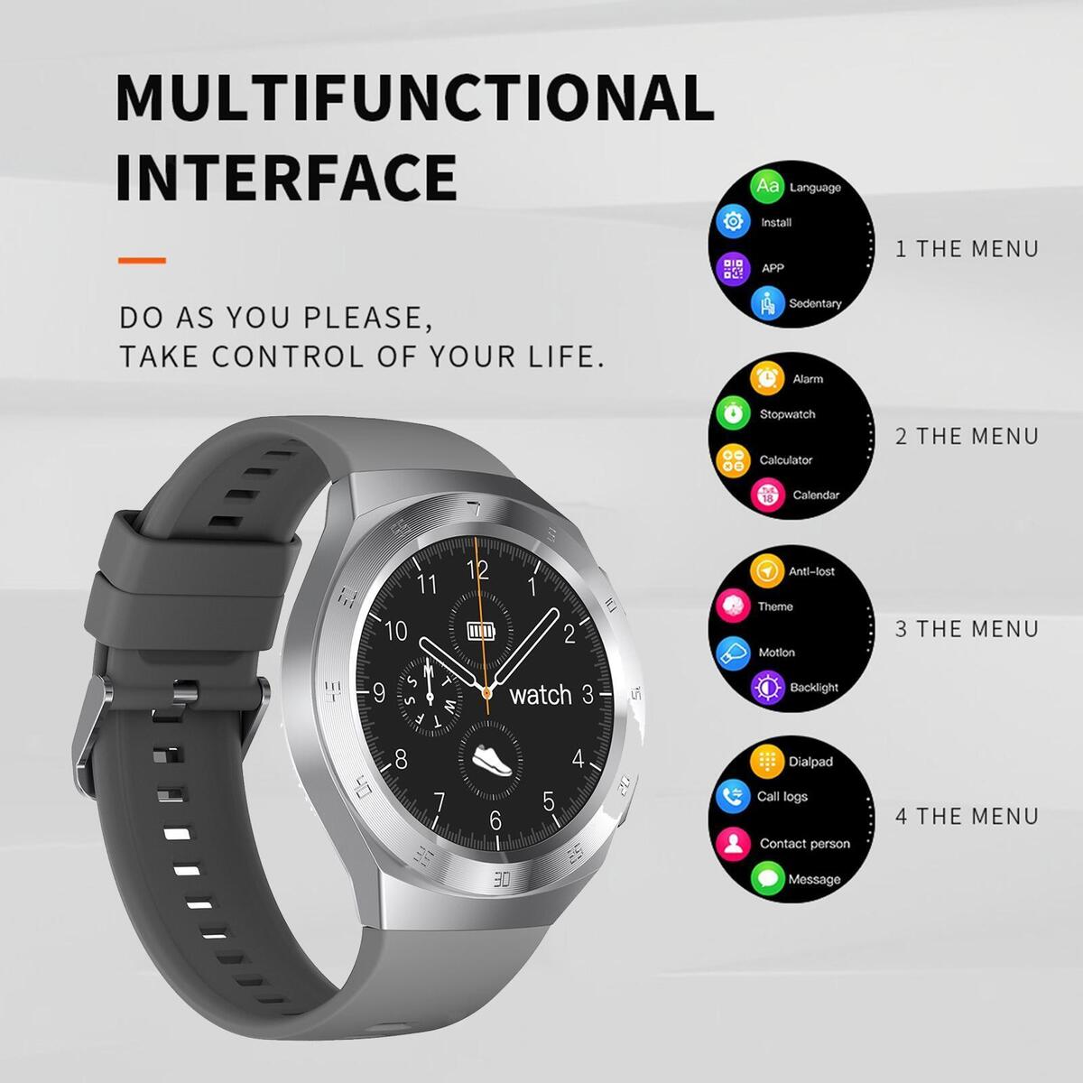 Round Sports 1.3IN Smart Watch Fitness Tracker Calorie Counter Touch Screen Grey