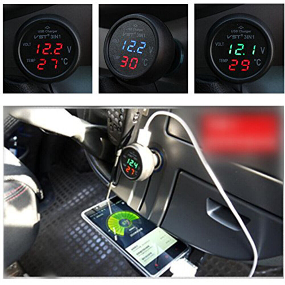 VST B7006 Car USB Phone Charger Car Battery Voltage Temp Meter (Green+Red)