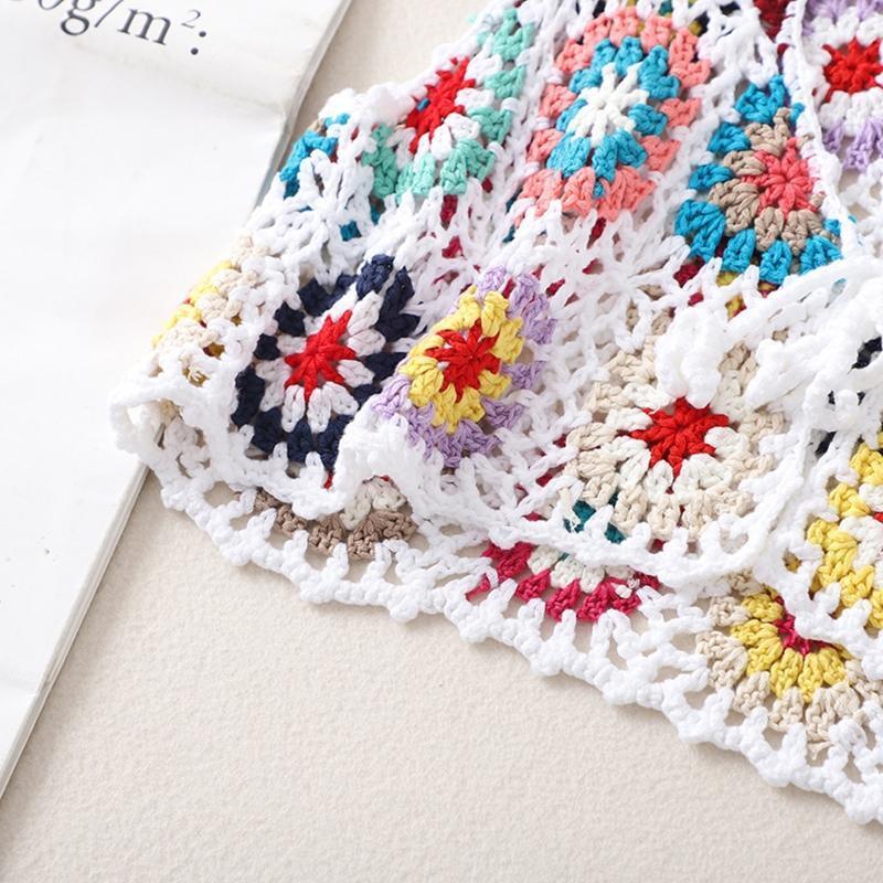 Women Boho Crochet Crop Vest Multicolor Plaid Sleeveless Lace-Up Short Cardigan
