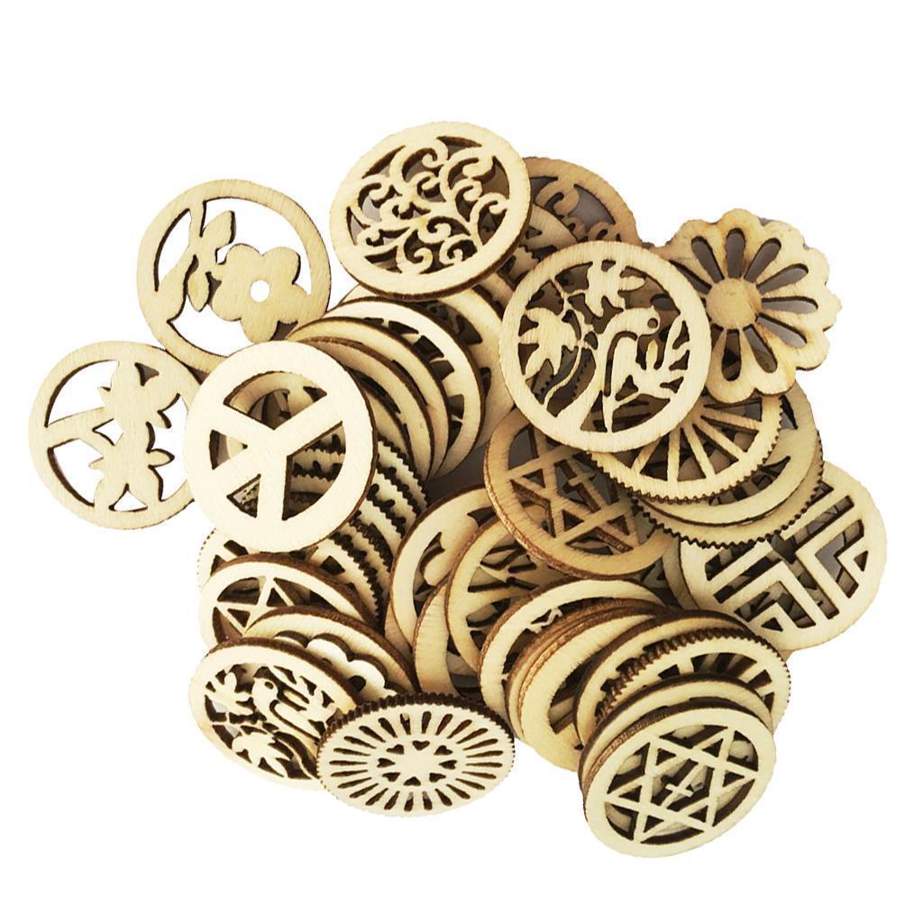 100pcs Mixed Hollow Round Unfinished Wood Pieces Embellishments Arts Crafts