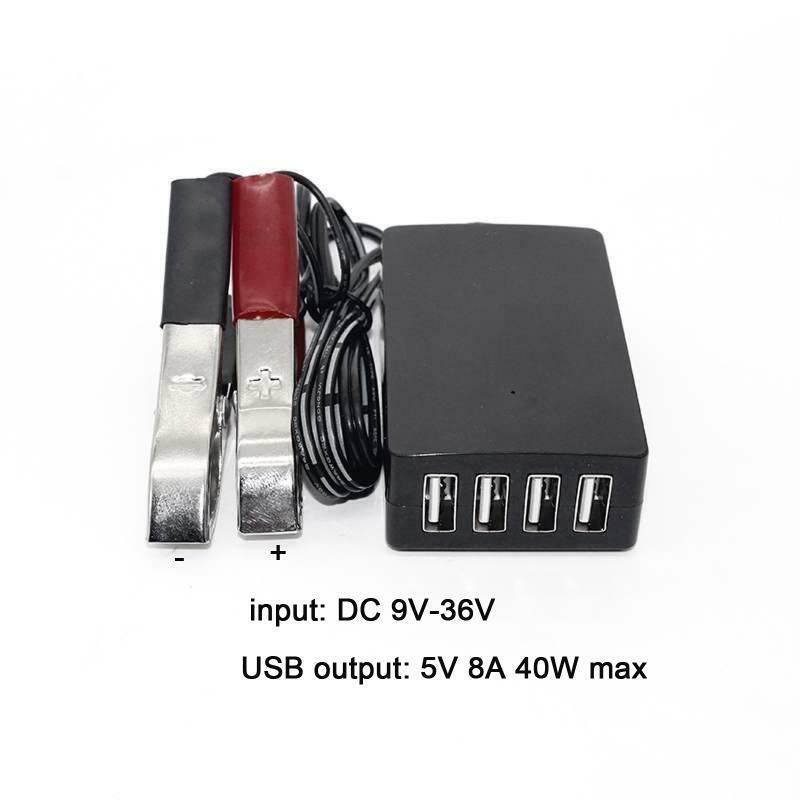 4USB Port Power Adapter 12V 24V to 5V 8A with Battery Clip for Charging Phone