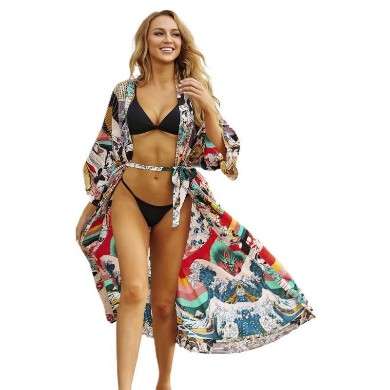 Women Japanese Print Long Kimono Cardigan Open Front Bikini Cover Up Beach Shirt