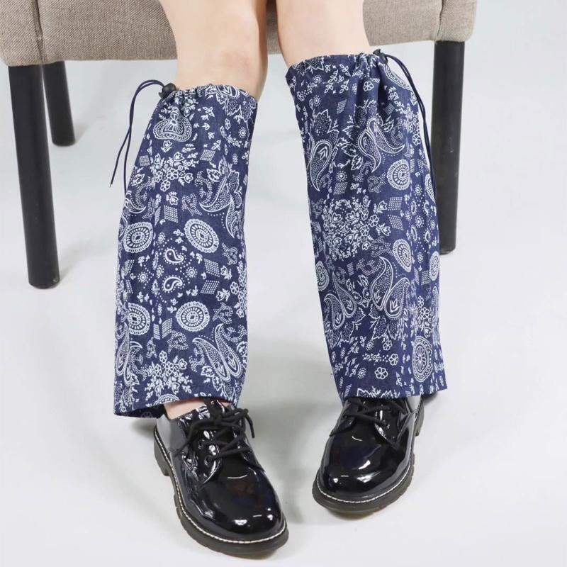 Women Gothic Drawstring Denim Leg Warmer Paisley Floral Loose Foot Cover Socks