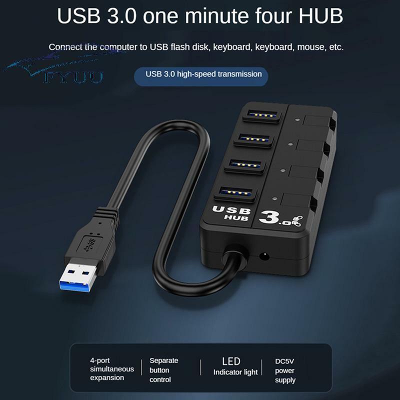 USB3.0 Hub Splitter Adapter 4 Port On/Off Switch Dock Station Use For PC Laptop