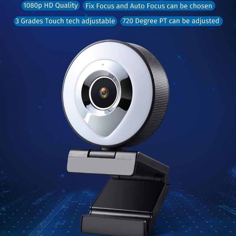 1080P Webcam Built in Adjustable Ring Light and Mic Advanced Autofocu Web Camera