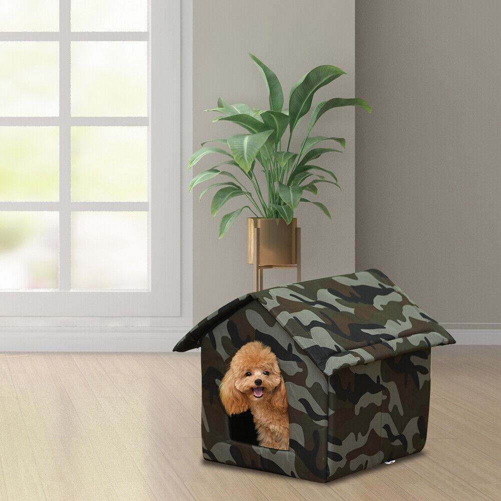 Waterproof Oxford Dog Cat Kennel Bed Sleep Tent House (Green Camouflage S)