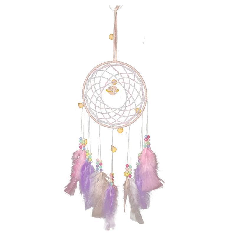 Beaded Feather Dream Catcher with Planet Pendant Boho Wall Hanging Wind Chime