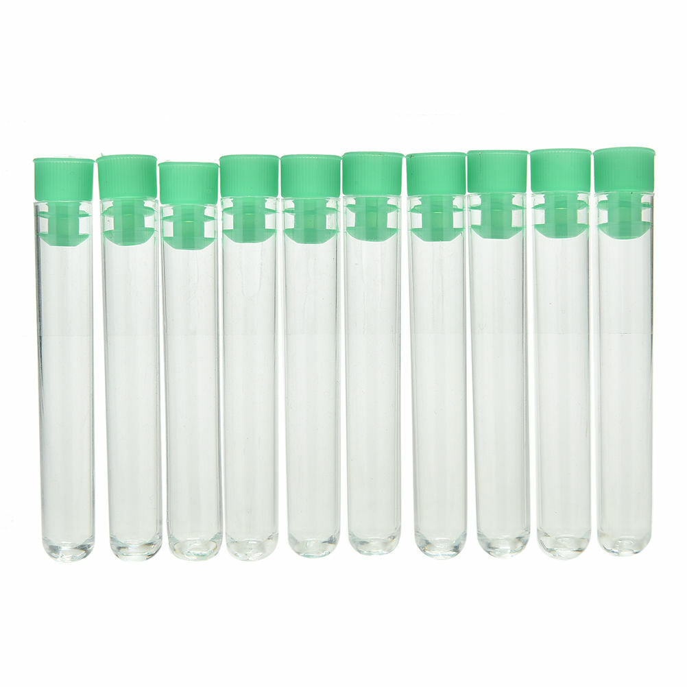 NEW 10 PC Clear Plastic Test Tubes with Green Caps Stoppers 12x75mm?New