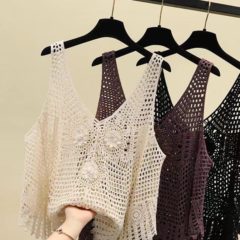 Women Crochet Sleeveless Tank Top V-Neck Hollow Knit Floral Beach Sweater Vest